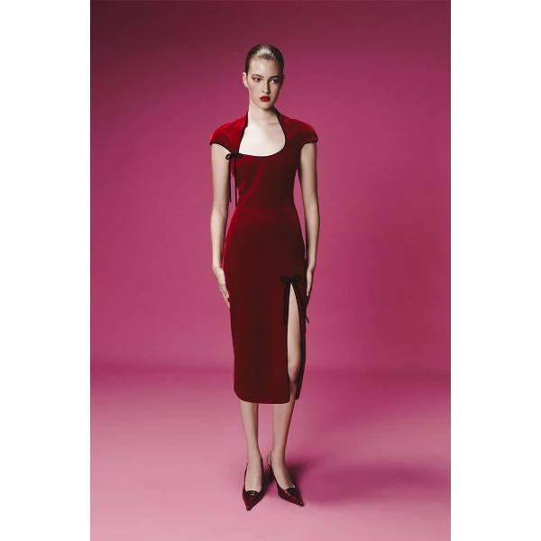 Rasario Velvet midi dress with ties in Red, view 2
