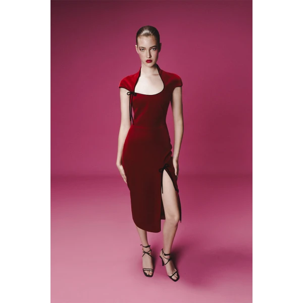 Rasario Velvet midi dress with ties in Red, view 4