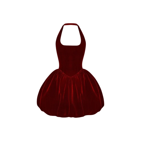 Rasario Velvet mini dress with voluminous skirt in Burgundy