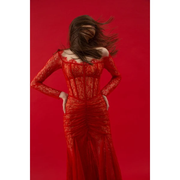 Rasario Сorset lace gown with a draped skirt in Red, view 3