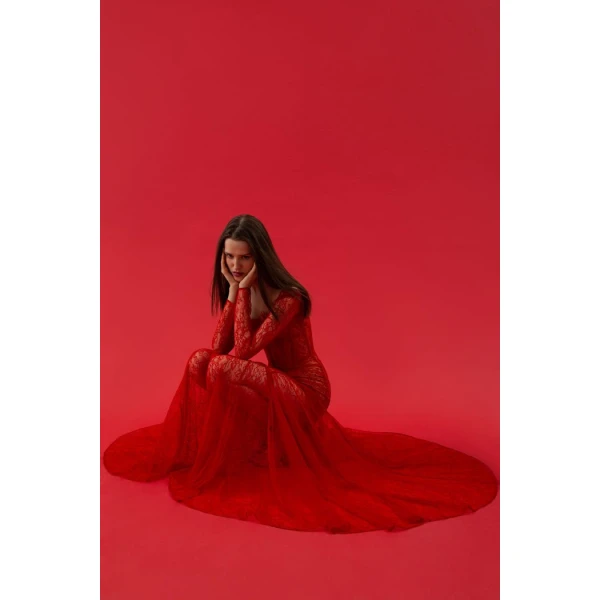 Rasario Сorset lace gown with a draped skirt in Red, view 4