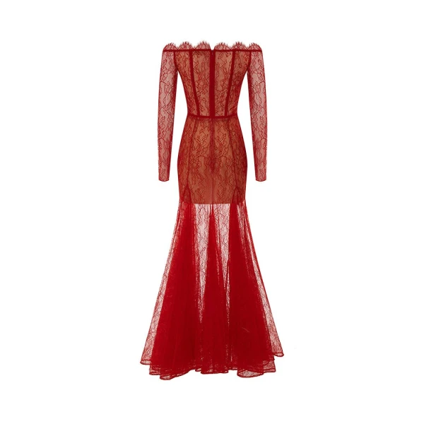 Rasario Сorset lace gown with a draped skirt in Red, view 5