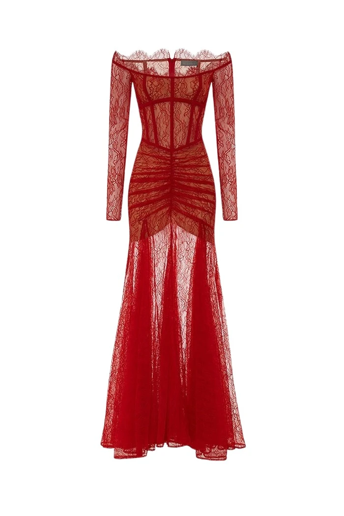 Rasario Сorset lace gown with a draped skirt in Red