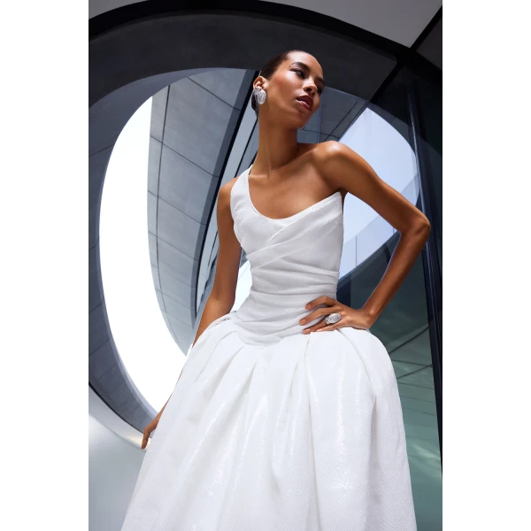 Rasario Asymmetric sequin corset maxi dress in White, view 5