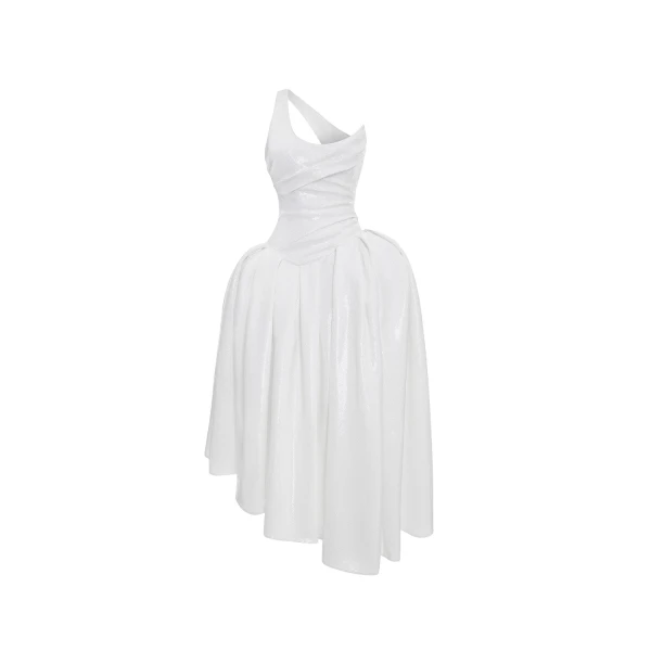 Rasario Asymmetric sequin corset maxi dress in White