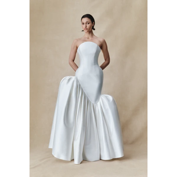 Rasario Asymmetric structured satin corset maxi dress in White, view 2