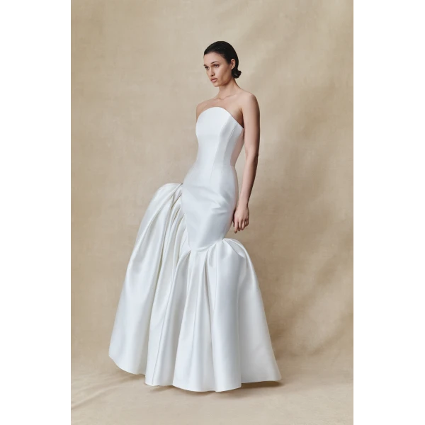 Rasario Asymmetric structured satin corset maxi dress in White, view 3
