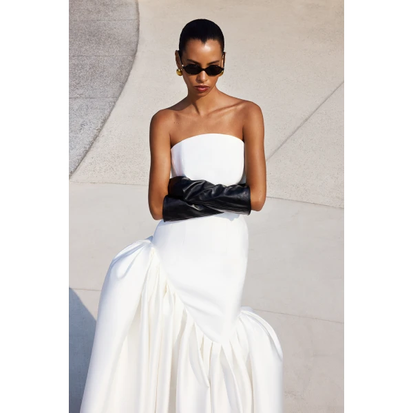 Rasario Asymmetric structured satin corset maxi dress in White, view 5