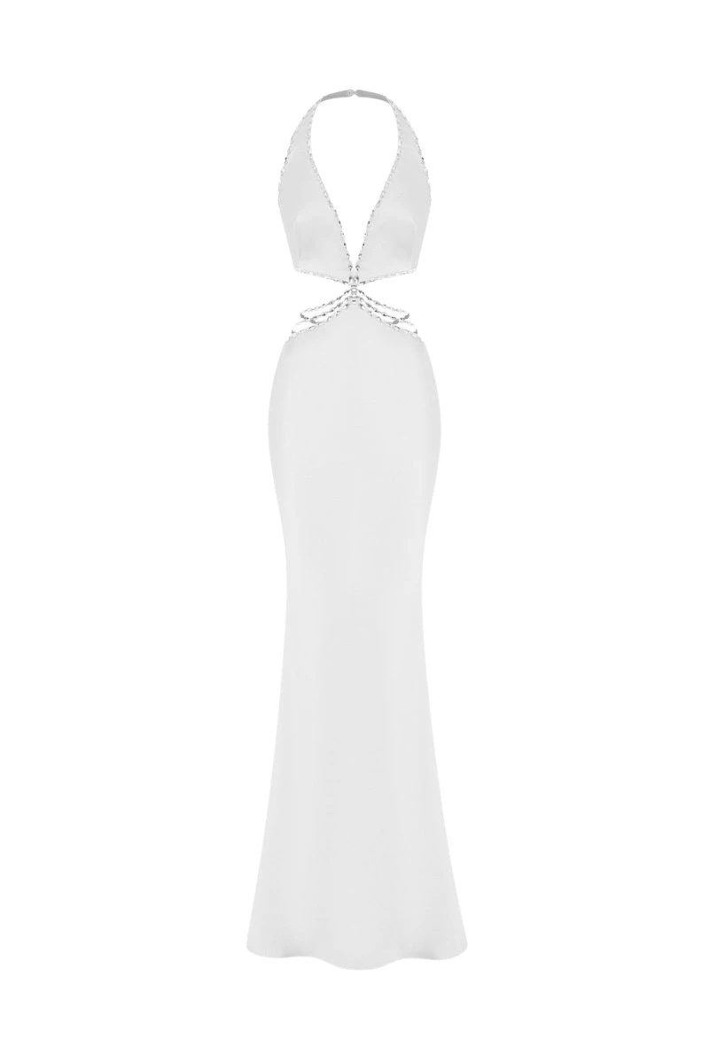 Rasario Crystal-embellished satin maxi dress with cutouts in White