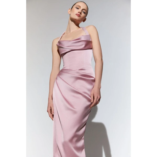Rasario Draped satin gown with straps in White, view 4
