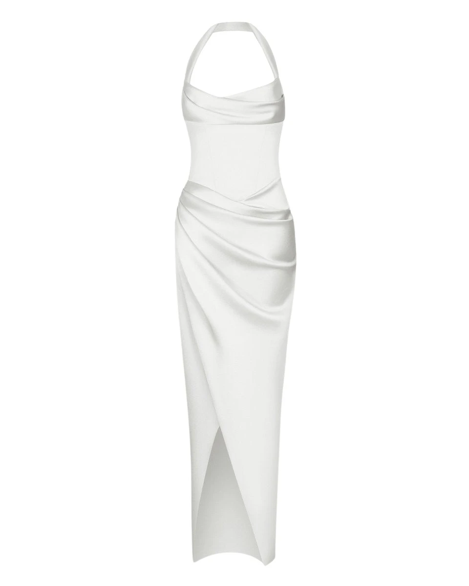 Draped satin gown with straps in White