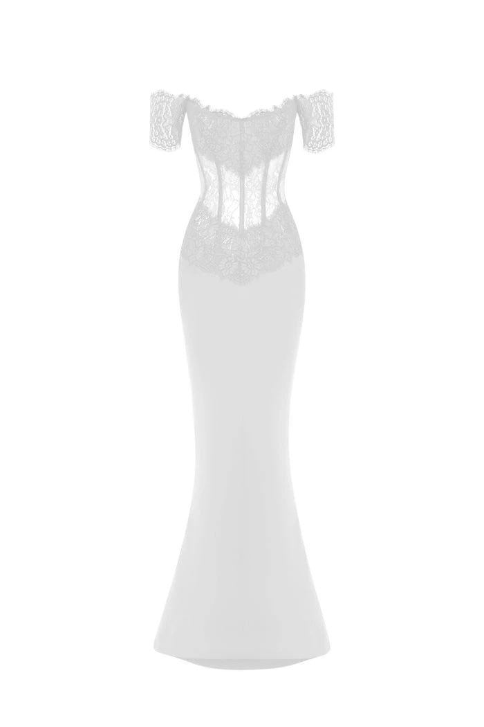 Rasario Lace and satin corset maxi dress in White