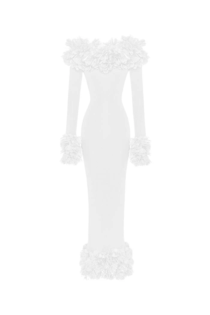 Rasario Maxi dress in jersey with floral trim in White