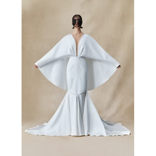 Rasario Satin maxi dress with butterfly sleeves and train in White, view 2