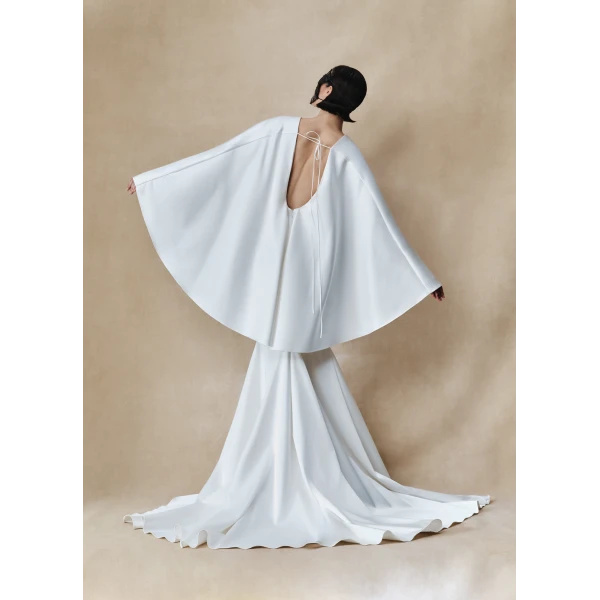 Rasario Satin maxi dress with butterfly sleeves and train in White, view 3