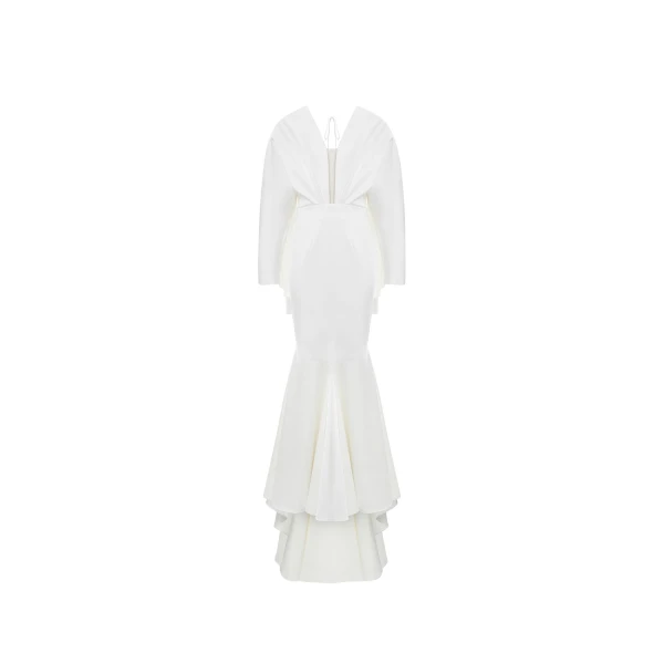 Rasario Satin maxi dress with butterfly sleeves and train in White