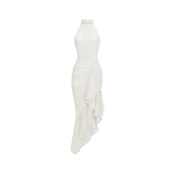 Rasario Silk chiffon and lurex maxi dress with asymmetric ruffles in White, view 4