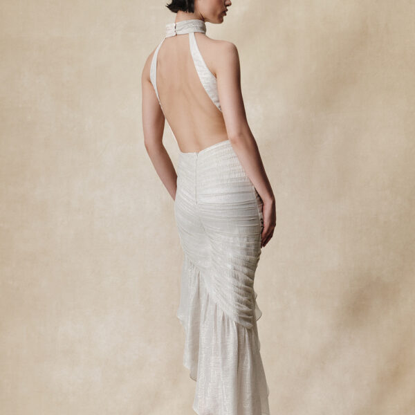 Rasario Silk chiffon and lurex maxi dress with asymmetric ruffles in White, view 3