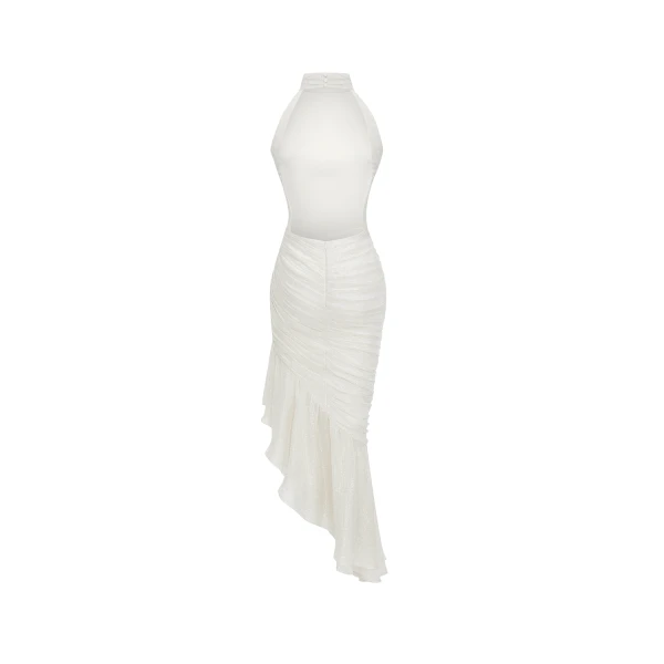 Rasario Silk chiffon and lurex maxi dress with asymmetric ruffles in White, view 5
