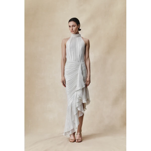 Rasario Silk chiffon and lurex maxi dress with asymmetric ruffles in White, view 2