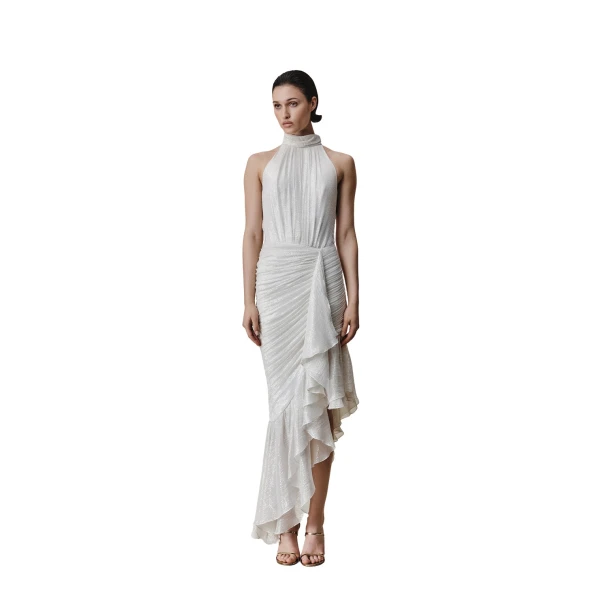 Rasario Silk chiffon and lurex maxi dress with asymmetric ruffles in White
