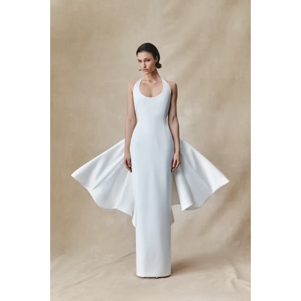 Rasario Structured satin maxi dress with detachable butterfly train in White, view 3