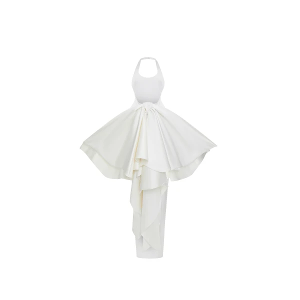 Rasario Structured satin maxi dress with detachable butterfly train in White, view 4