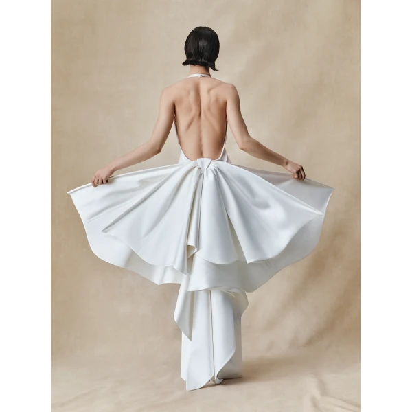 Rasario Structured satin maxi dress with detachable butterfly train in White, view 5
