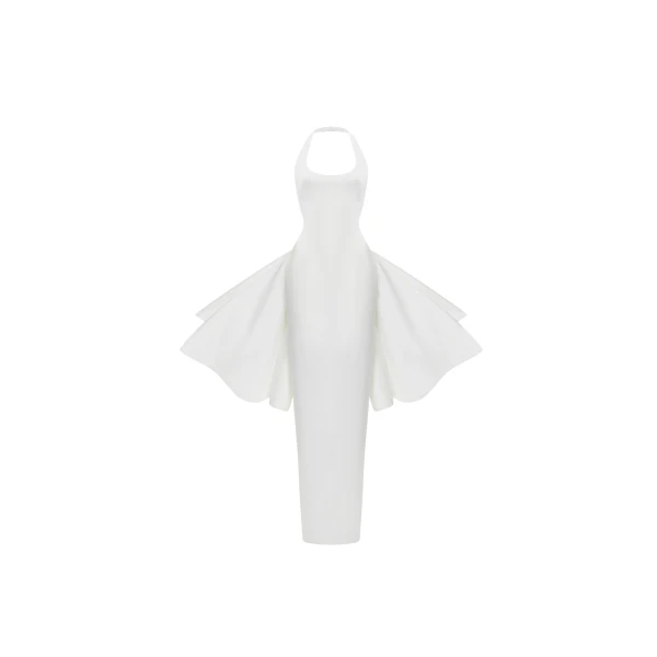 Rasario Structured satin maxi dress with detachable butterfly train in White