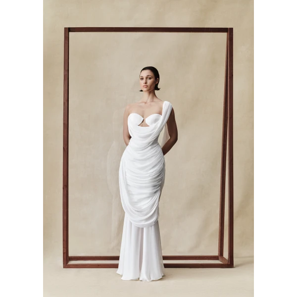 Rasario Viscose and silk corset maxi dress with draping in White, view 2