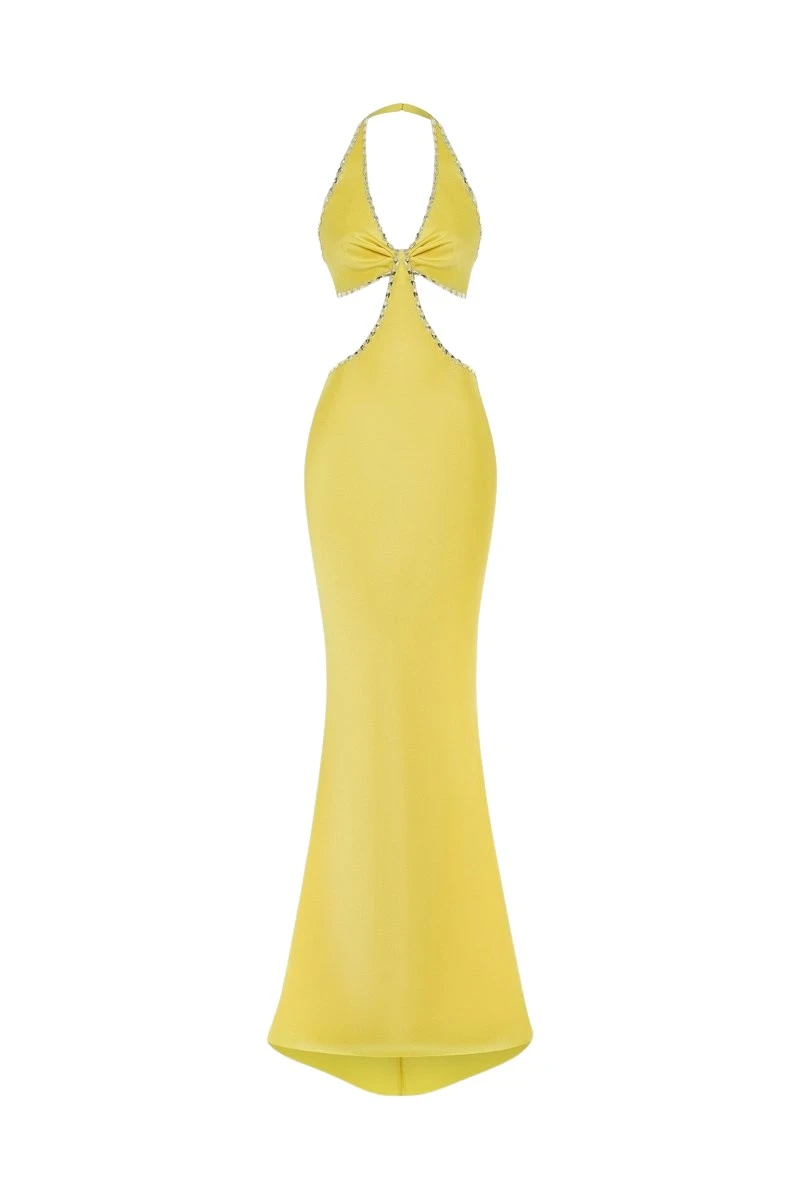 Rasario Crystal-embellished satin maxi dress with cutouts in Yellow