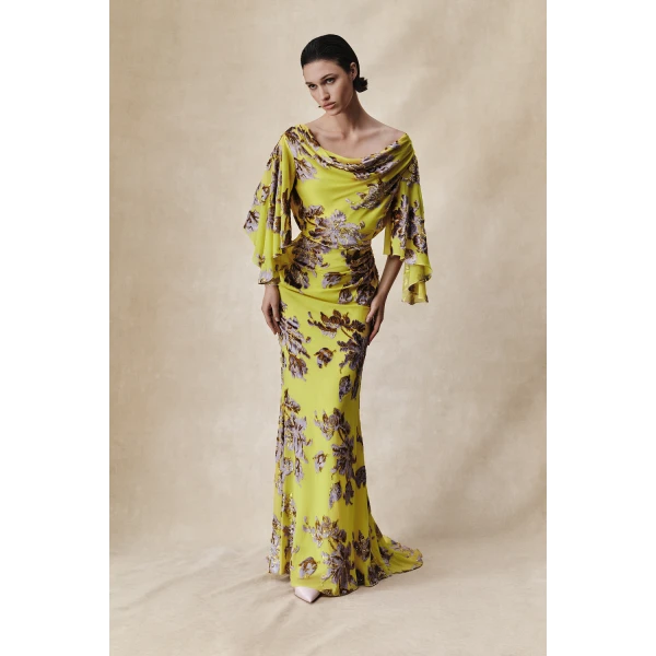 Rasario Devoré velvet maxi dress with cowl back and train in Yellow, view 2