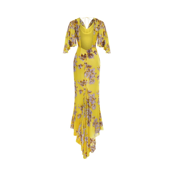 Rasario Devoré velvet maxi dress with cowl back and train in Yellow, view 4