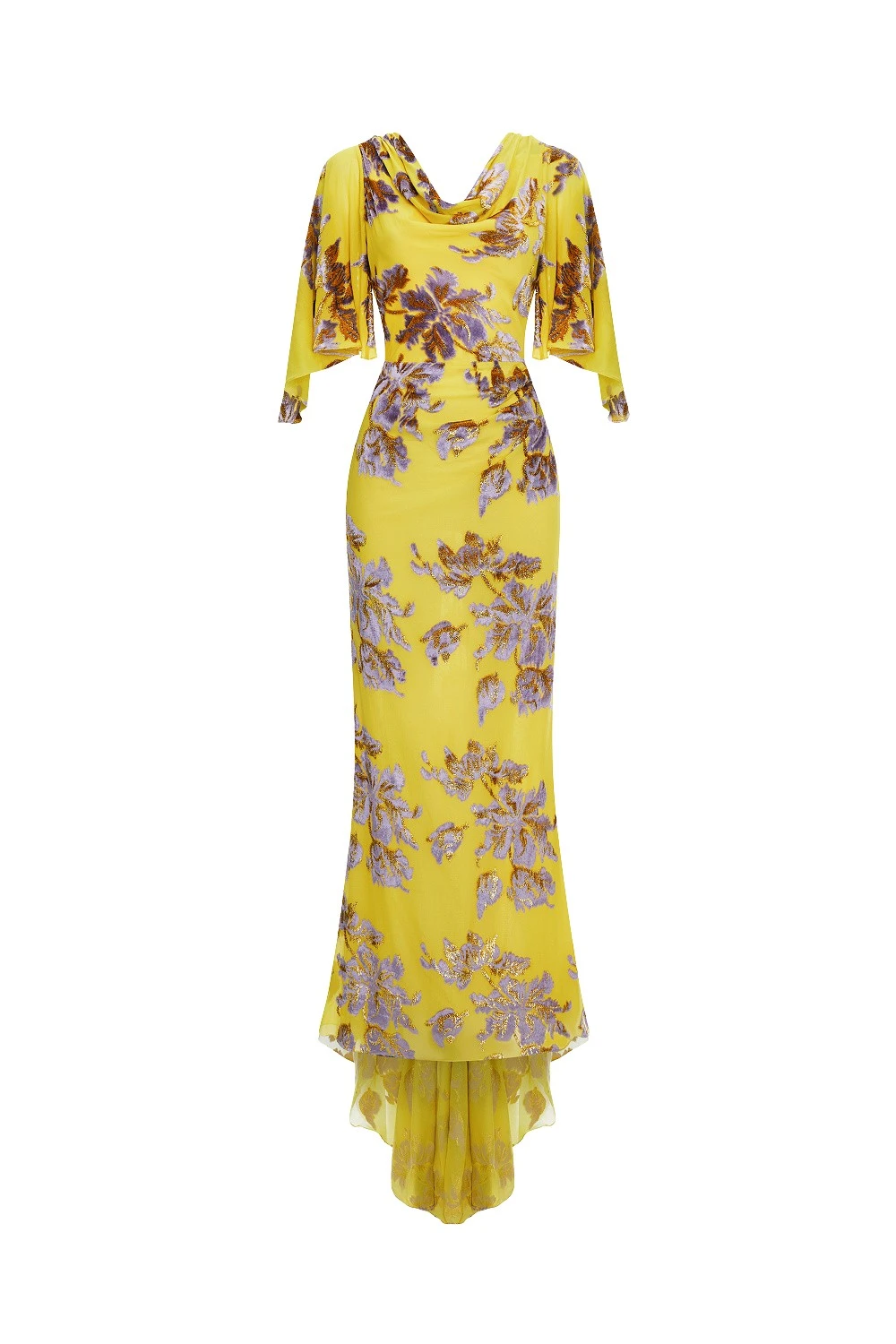Rasario Devoré velvet maxi dress with cowl back and train in Yellow
