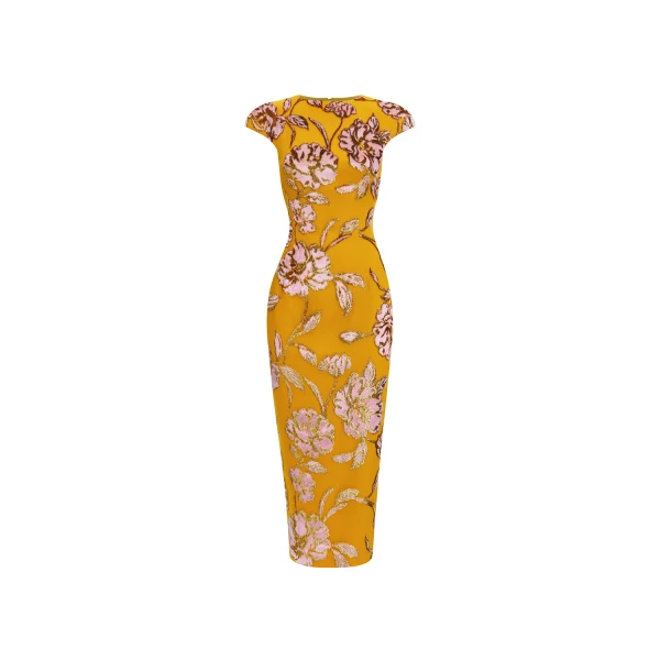 Rasario Devoré velvet midi dress with open back in Yellow, view 5