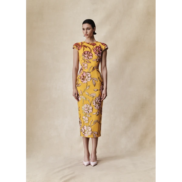 Rasario Devoré velvet midi dress with open back in Yellow, view 2