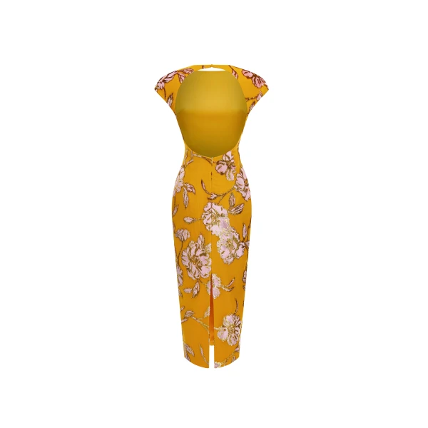 Rasario Devoré velvet midi dress with open back in Yellow, view 6