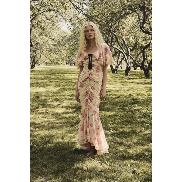 Rasario Printed chiffon maxi dress with a velvet bow in Yellow, view 2