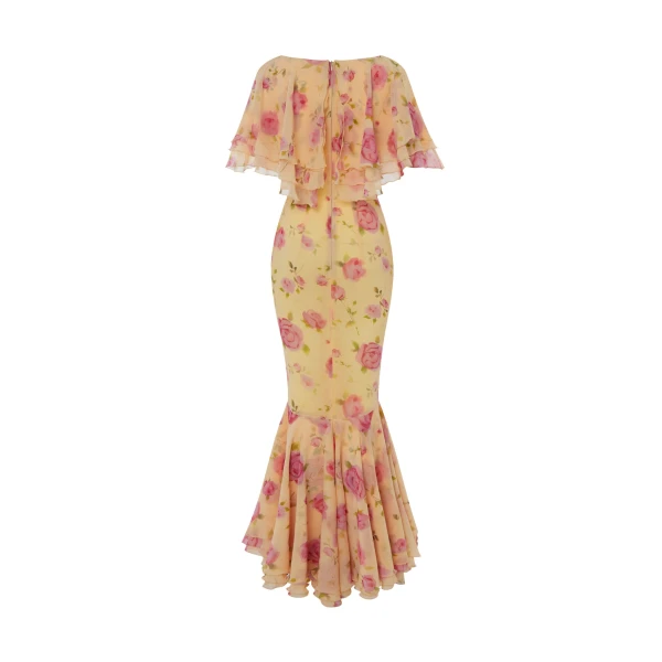 Rasario Printed chiffon maxi dress with a velvet bow in Yellow, view 3