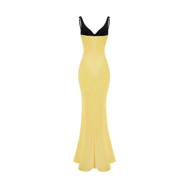 Rasario Satin and velvet draped maxi dress in Yellow, view 3
