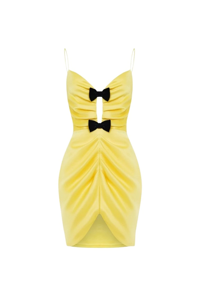 Rasario Satin mini dress with velvet bows and cutouts in Yellow