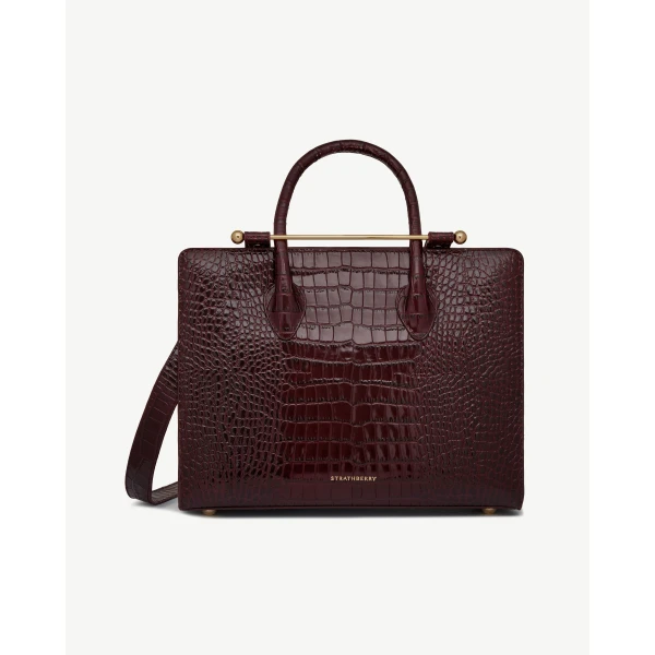 Strathberry Midi Tote in Croc-embossed Leather Burgundy, view 2