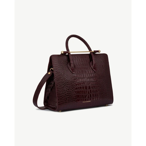 Strathberry Midi Tote in Croc-embossed Leather Burgundy, view 3