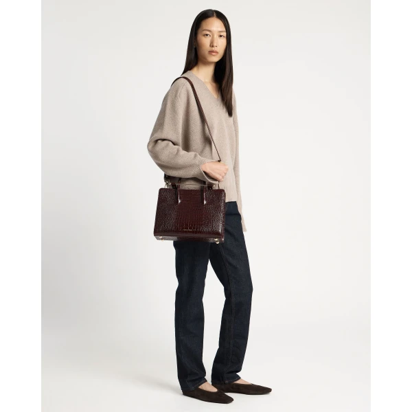 Strathberry Midi Tote in Croc-embossed Leather Burgundy, view 9