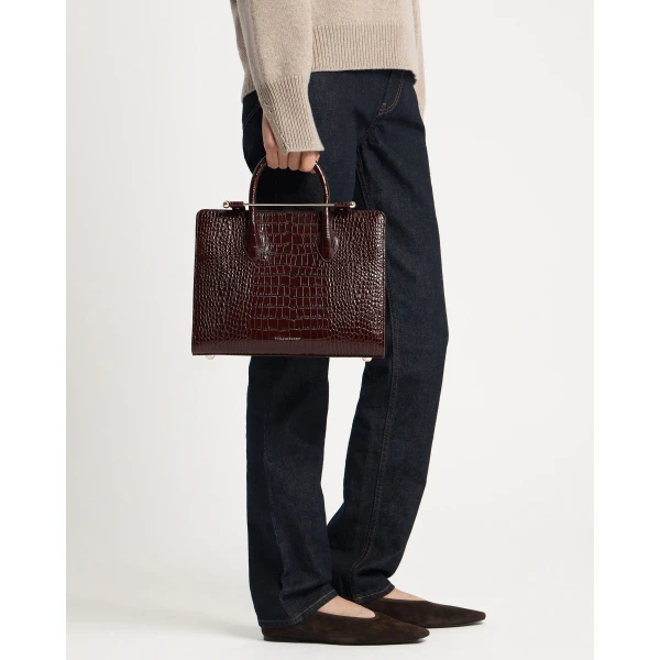 Strathberry Midi Tote in Croc-embossed Leather Burgundy, view 10