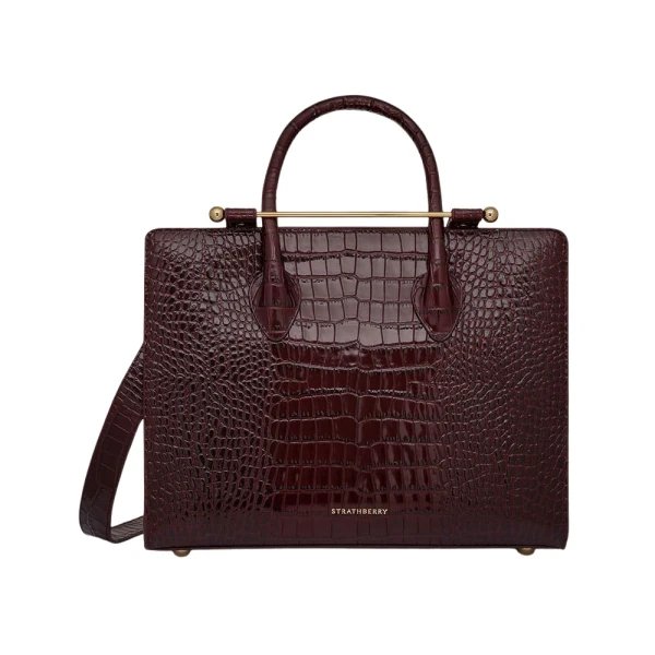 Strathberry Midi Tote in Croc-embossed Leather Burgundy