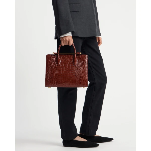 Strathberry Midi Tote in Croc-embossed Leather Oxblood, view 8