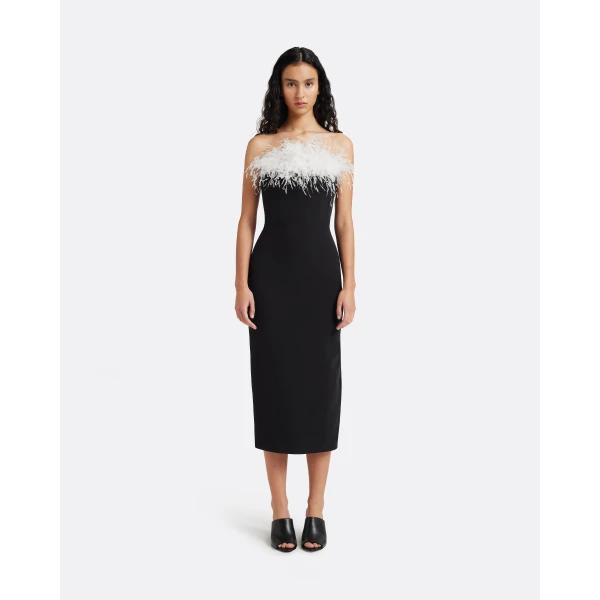 Safiyaa Aerine Midi Dress in Black with Feathers, view 2