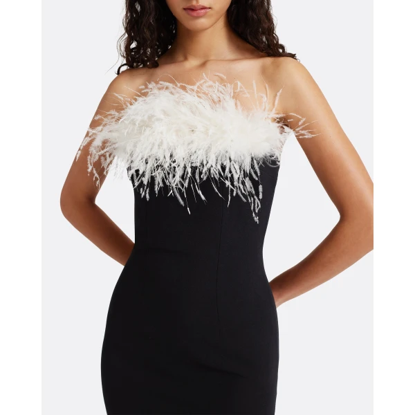 Safiyaa Aerine Midi Dress in Black with Feathers, view 4