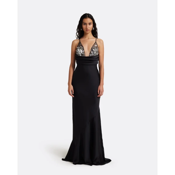 Safiyaa Asia Long Dress in Black with Crystal Embroidery, view 2